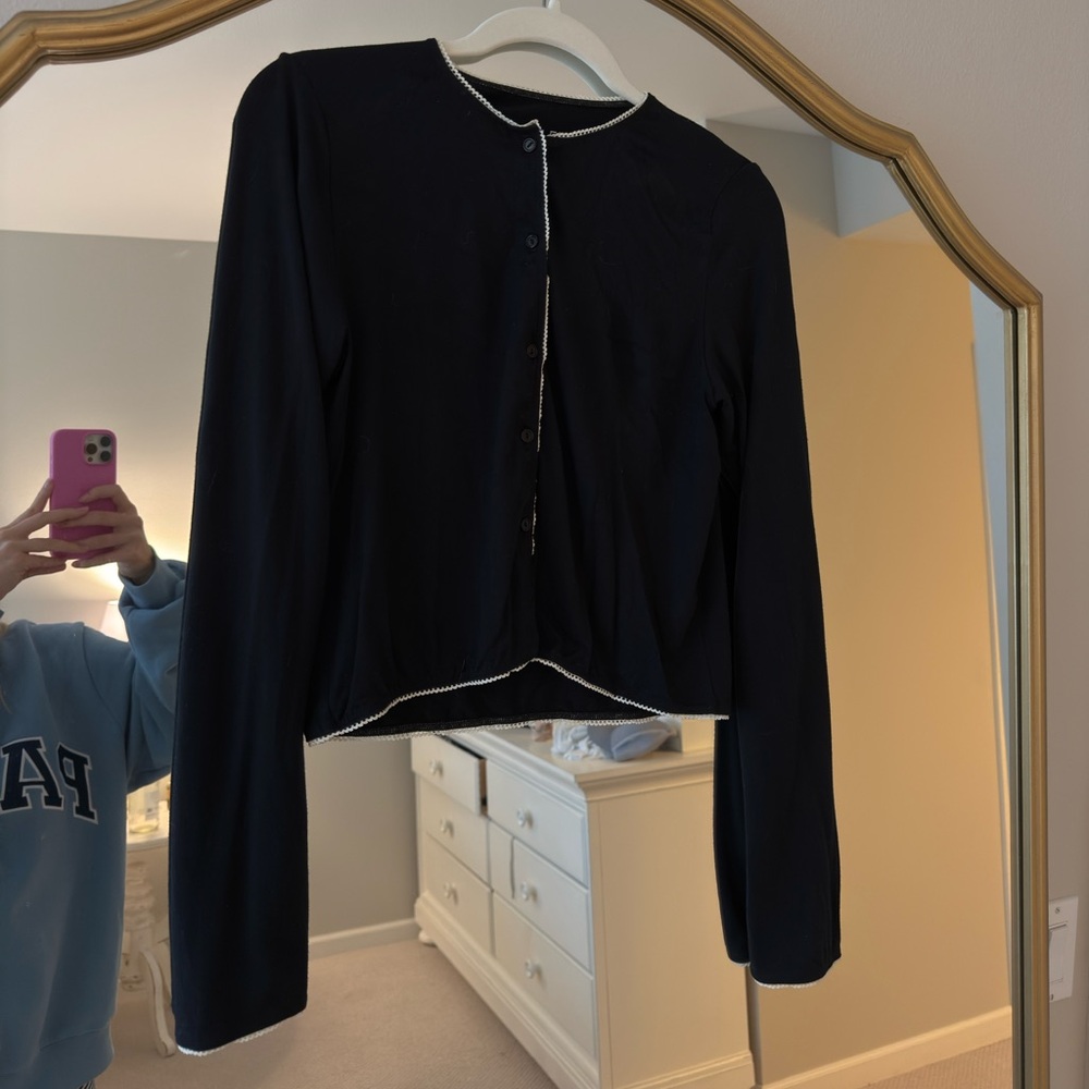 Set Active Black Button-Up Cardigan with White Trim